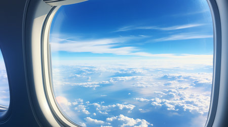 Airplane window view of beautiful clouds and blue sky. 3d renderingの素材