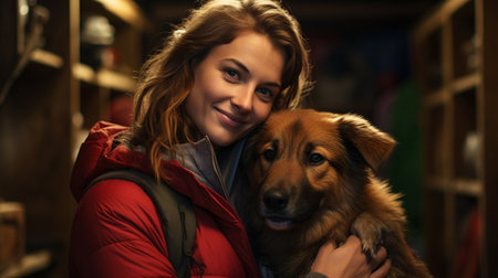 Beautiful young woman with her dog in her arms. Selective focus.の素材