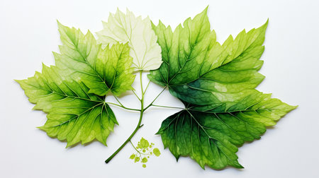 Green maple leaves on white background. Flat lay, top view.の素材