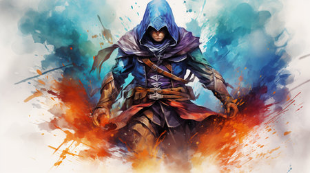 3d illustration of a fantasy warrior in a raincoat and maskの素材