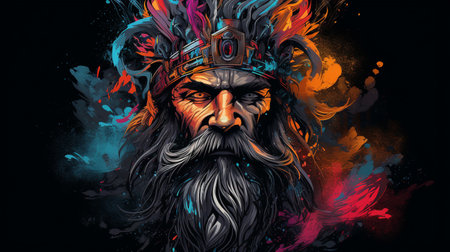 Viking warrior with helmet and colorful smoke on the black background.の素材