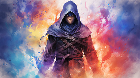 Hacker in a hood on a background of colorful splashes.の素材