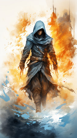 Digital painting of a man in a raincoat with a hood.の素材