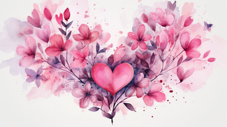 Watercolor floral background with pink flowers, hearts and watercolor blotsの素材