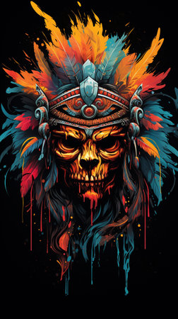 skull with indian headdress and colorful feathers on black backgroundの素材