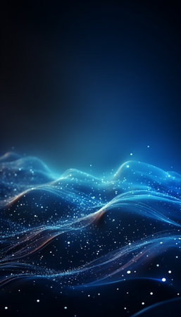 Dark blue abstract background with glowing particles, lines and bokehの素材