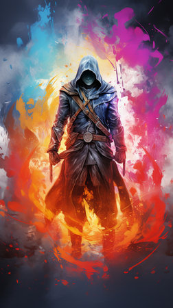 Digital painting of a ninja with a sword in his hand against a fire backgroundの素材