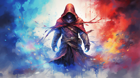Digital painting of a man in a dark raincoat with a hood and a hood.の素材