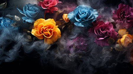 Colorful rose flowers with smoke on black background, close-upの素材