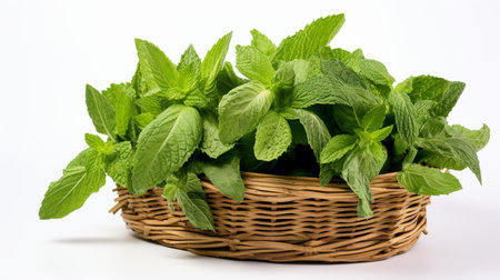 Fresh mint leaves in a wicker basket on a white background.の素材