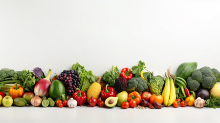Fresh vegetables and fruits on white background. Healthy food concept. Copy space.の素材