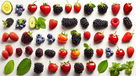 Collection of different fresh berries on a white background. Top view.の素材