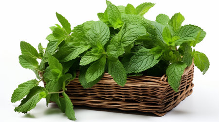 Fresh mint in a wicker basket on a white background, isolatedの素材