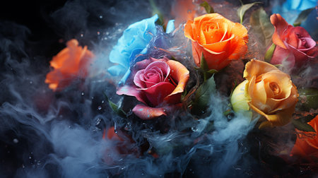 Colorful roses with smoke on black background, space for text.の素材
