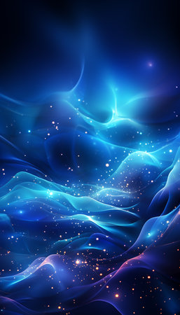 Abstract blue wavy background with glowing lines and sparkles. Vector illustration.の素材