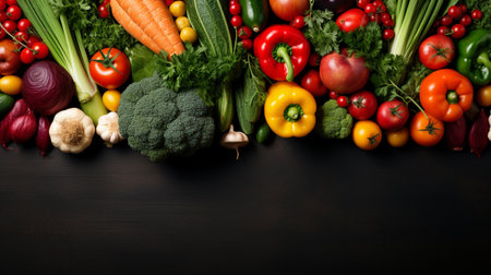Background of fresh organic vegetables on wooden table. Top view with copy spaceの素材