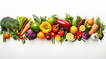 Composition with fresh fruits and vegetables on white background, top viewの素材