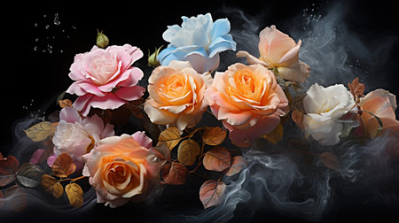 Colorful roses and smoke on black background, close up view.の素材