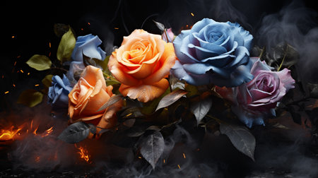 Beautiful roses with smoke on black background, closeup. Space for textの素材