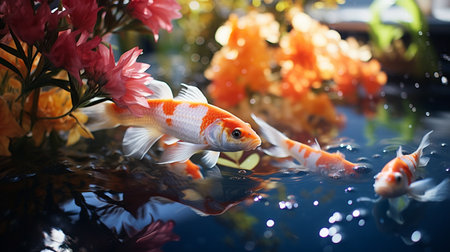 Goldfish swimming in the water with flowers in the background. Shallow depth of fieldの素材