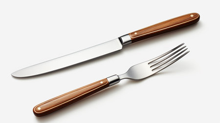 Knife and fork isolated on white background. 3D illustration.の素材