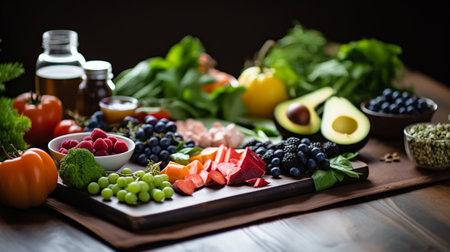 Healthy food clean eating selection: fruits, vegetables, dairy products and berries. Balanced diet.の素材