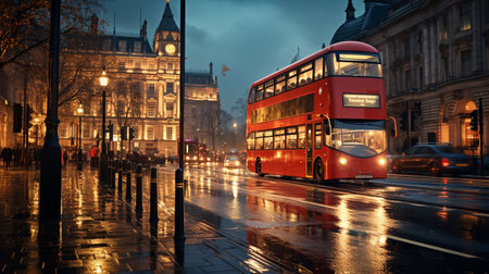 Red double decker bus in the rainの素材
