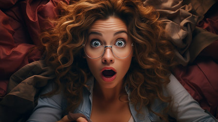 high angle view of shocked young woman in eyeglasses lying in bedの素材
