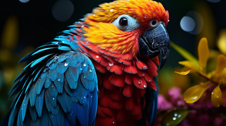 Beautiful colorful macaw parrot on bokeh background.の素材
