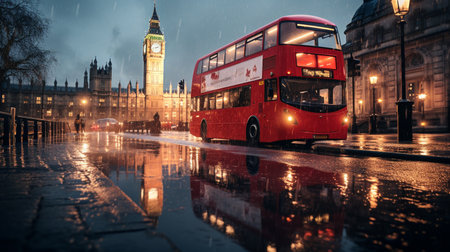 Red double decker bus in the rain with Big Ben in the backgroundの素材