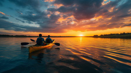 Young couple kayaking on the lake at sunset. Couple kayaking on the lake at sunsetの素材