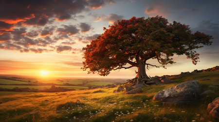 Beautiful landscape image of a tree in a field at sunset.の素材