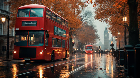 Red double decker buses in the rain.の素材