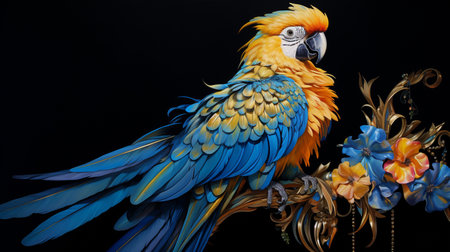Colorful macaw parrot statue on black background, close upの素材