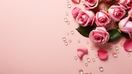 Beautiful pink roses with water drops on pink background, flat layの素材