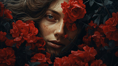 Portrait of a beautiful young woman with red flowers in her hairの素材