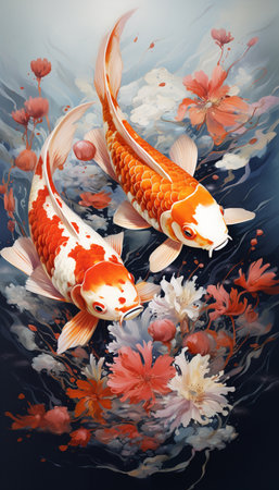 Koi fish in the water. Illustration of a beautiful koi fish.の素材