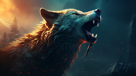 Angry wolf in the dark forest. 3d render illustration.の素材