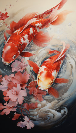 Koi fish and flowers on the water. 3d rendering.の素材