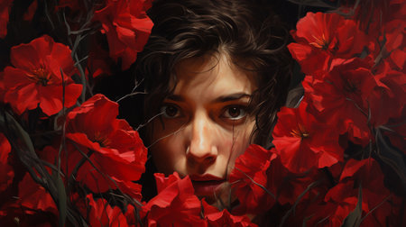 Portrait of a beautiful young woman with red poppies in her hairの素材