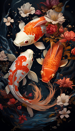 Koi fish in the pond with flowers and leaves. Illustrationの素材