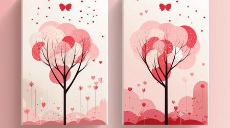 Valentine's day background with hearts and trees, vector illustrationの素材