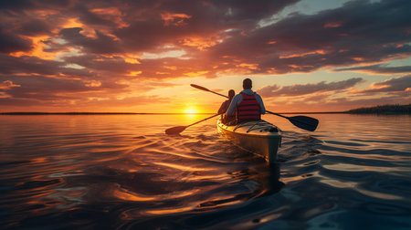 Kayaking on the lake at sunset. Sport and active life conceptの素材
