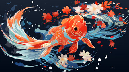 Illustration of a goldfish with flowers and leaves on a dark backgroundの素材
