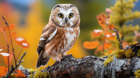 Little owl on a branch with yellow eyes in the autumn forest.の素材