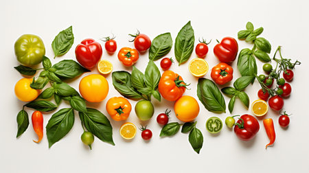 Fresh vegetables and herbs on white background, top view. Healthy foodの素材