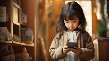 Cute little asian girl playing mobile phone in the room.の素材