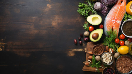 Foods rich in protein on dark wooden background. Top view with copy spaceの素材