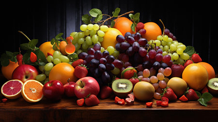 Fruits and berries on a wooden background. Healthy eating concept.の素材