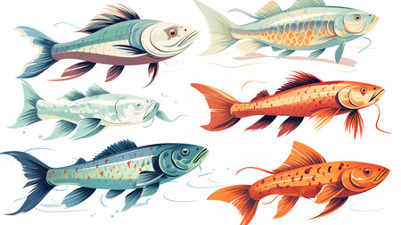Set of different fishes isolated on white background. Vector illustration in flat style.の素材
